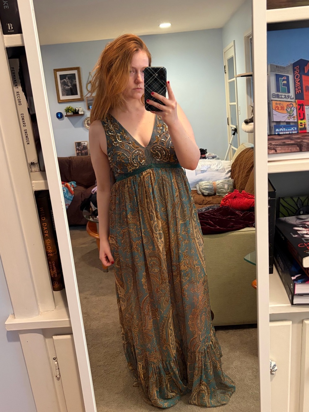 Anthropologie Teal Paisley Maxi Dress with Gold Accents - Picture 14 of 14